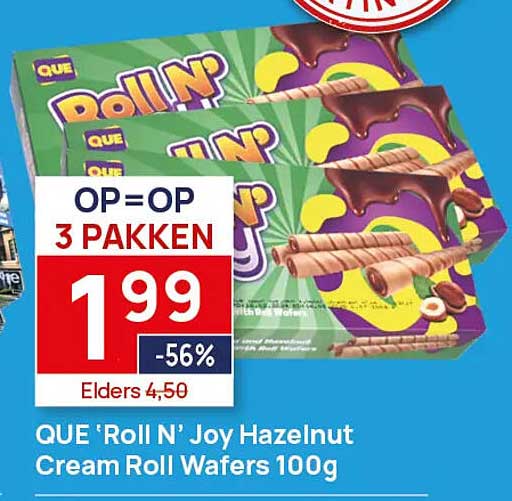 QUE 'Roll N' Joy Hazelnut Cream Roll Wafers 100g OP=OP 3 PAKKEN