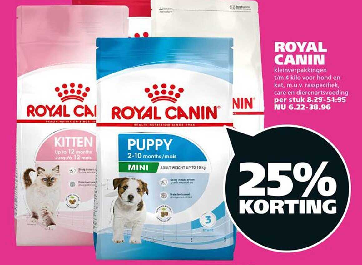 ROYAL CANIN kleinverpakkingen t/m 4 kilo voor hond en kat, m.u.v. rasspecifiek, care en dierenartsvoeding 25% KORTING