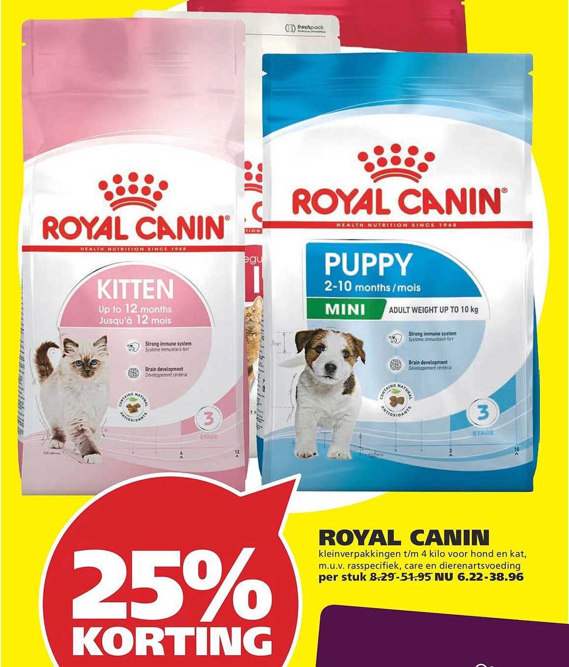 ROYAL CANIN kleinverpakkingen t/m 4 kilo voor hond en kat, m.u.v. rasspecifiek, care en dierenartsvoeding 25% KORTING