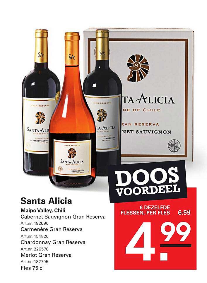Santa Alicia Maipo Valley, Chili Cabernet Sauvignon Gran Reserva Carménère Gran Reserva Chardonnay Gran Reserva Merlot Gran Reserva Fles 75 cl DOOS VOORDEEL 6 DEZELFDE FLESSEN, PER FLES