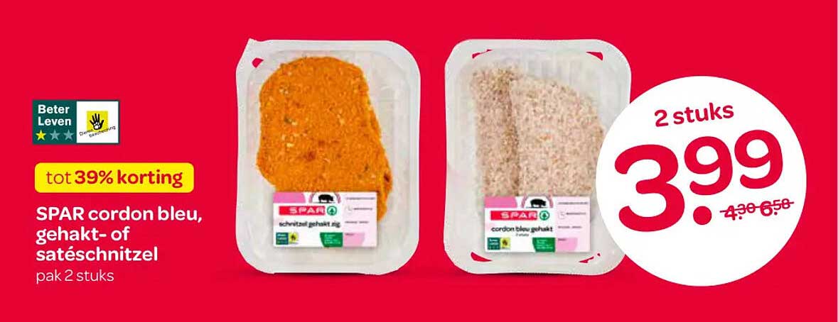 SPAR cordon bleu, gehakt- of satéschnitzel pak 2 stuks tot 39% korting