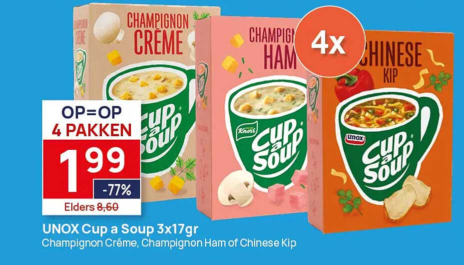 UNOX Cup a Soup 3x17gr Champignon Crème, Champignon Ham of Chinese Kip 4x