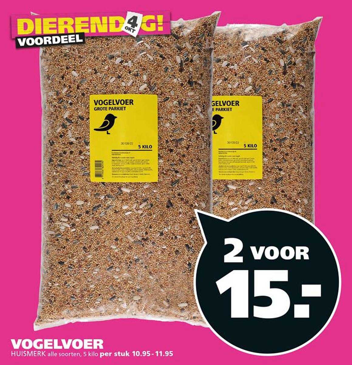 Vogelvoer Huismerk alle soorten, 5 kilo per stuk 10.95 - 11.95 2 voor 15:-