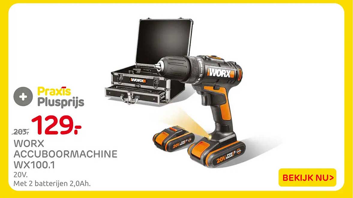 WORX ACCUBOORMACHINE WX100.1 20V. Met 2 batterijen 2,0Ah. Praxis Plusprijs