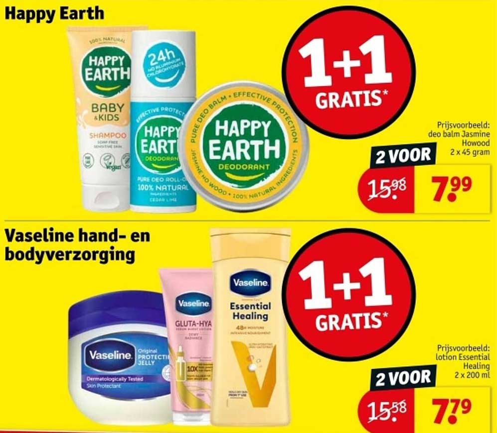 1+1 GRATIS Happy Earth en Vaseline hand- en bodyverzorging