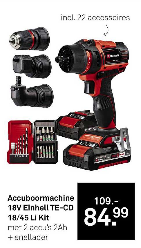 Accuboormachine 18V Einhell TE-CD 18/45 Li Kit met 2 accU's 2Ah + snellader