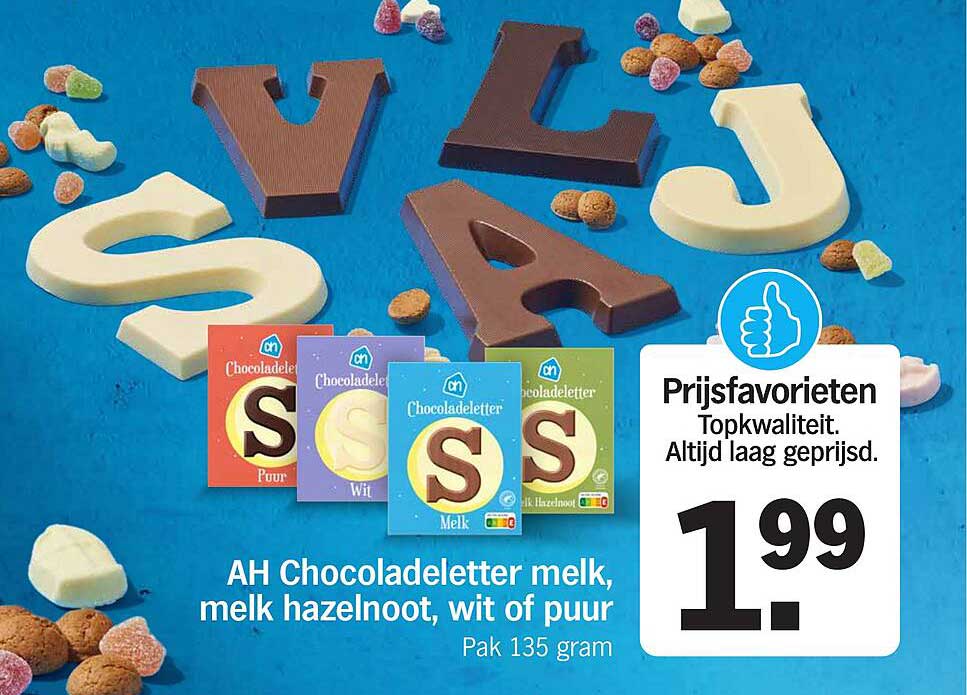 AH Chocoladeletter melk, melk hazelnoot, wit of puur