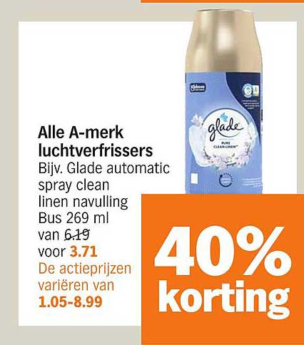 Alle A-merk luchtverfrissers Bijv. Glade automatic spray clean linen navulling Bus 269 ml