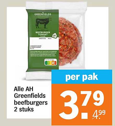 Alle AH Greenfields beefburgers 2 stuks