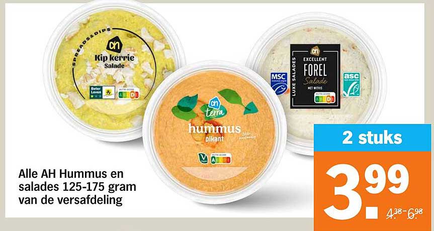 Alle AH Hummus en salades 125-175 gram van de versafdeling