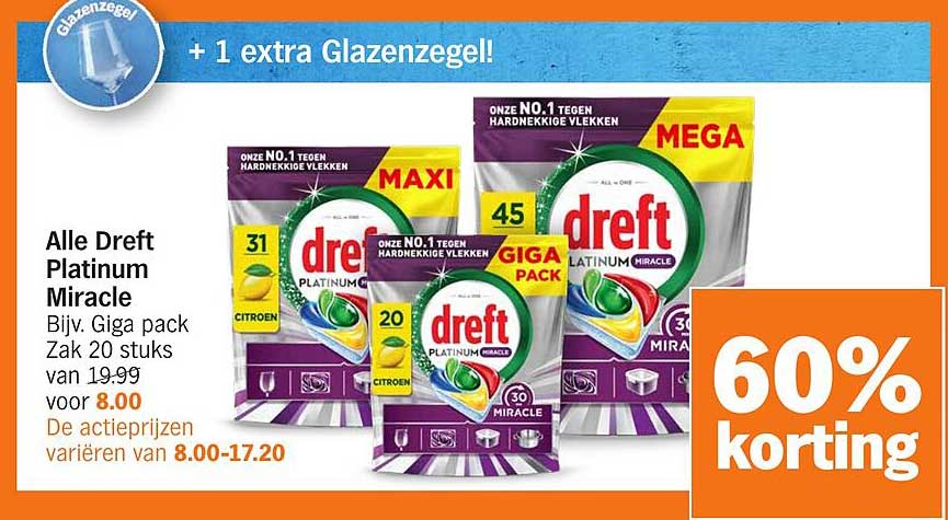 Alle Dreft Platinum Miracle Bijv. Giga pack Zak 20 stuks van 19,99 voor 8,00