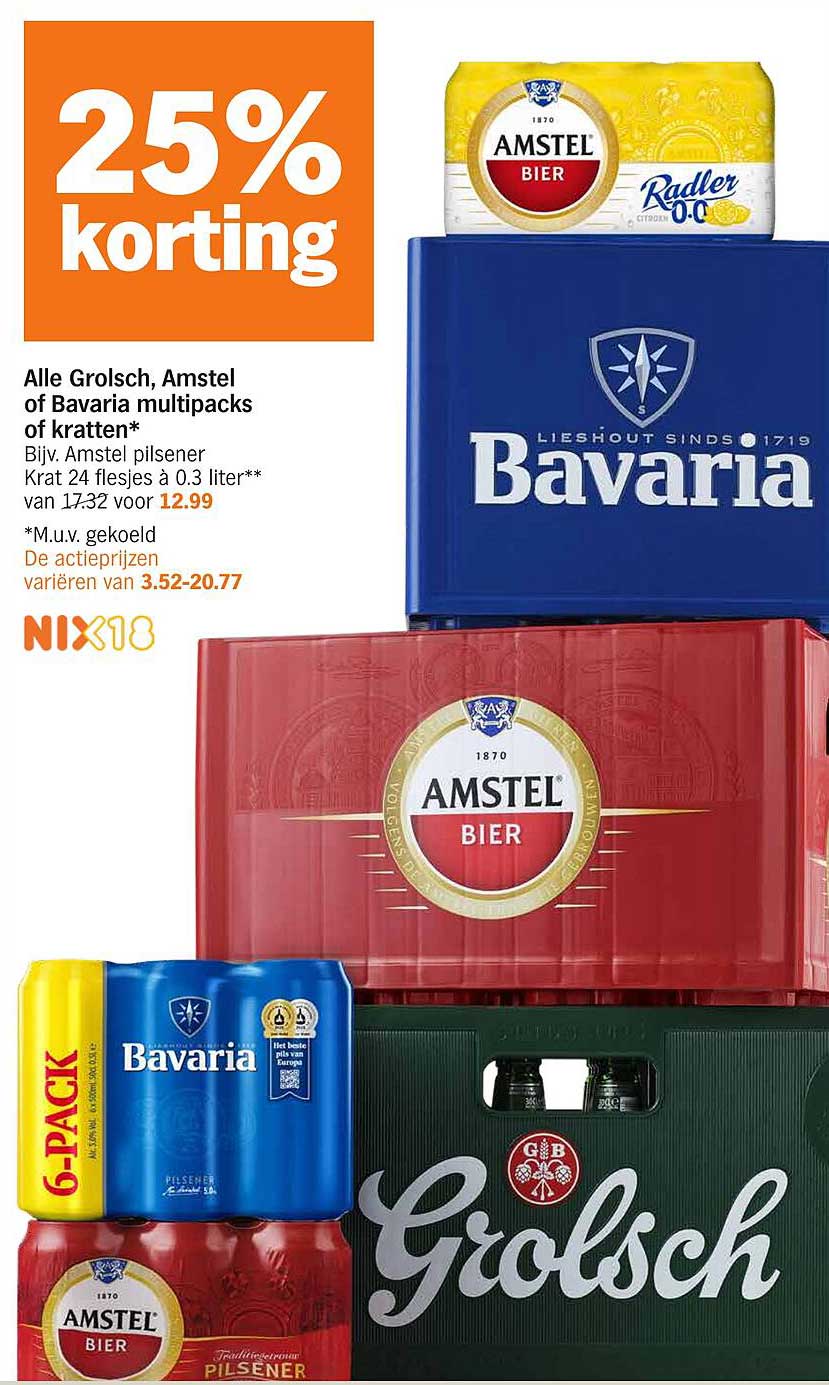 Alle Grolsch, Amstel of Bavaria multipacks of kratten