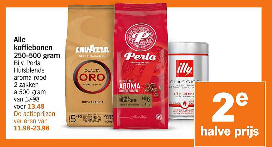Alle koffiebonen 250-500 gram Bijv. Perla Huisblends aroma rood 2 zakken à 500 gram van 17,98 voor 13,48