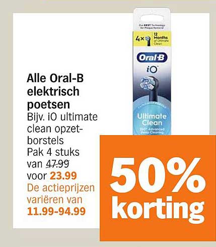 Alle Oral-B elektrisch poetsten Bijv. iO ultimate clean opzet-borstels Pak 4 stuks van 47.99 voor 23.99