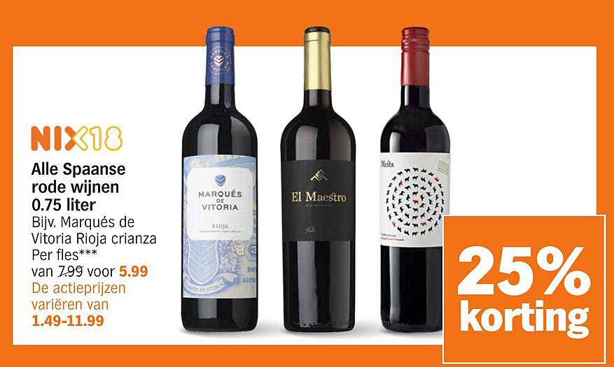 Alle Spaanse rode wijnen 0.75 liter Bijv. Marqués de Vitoria Rioja crianza Per fles***