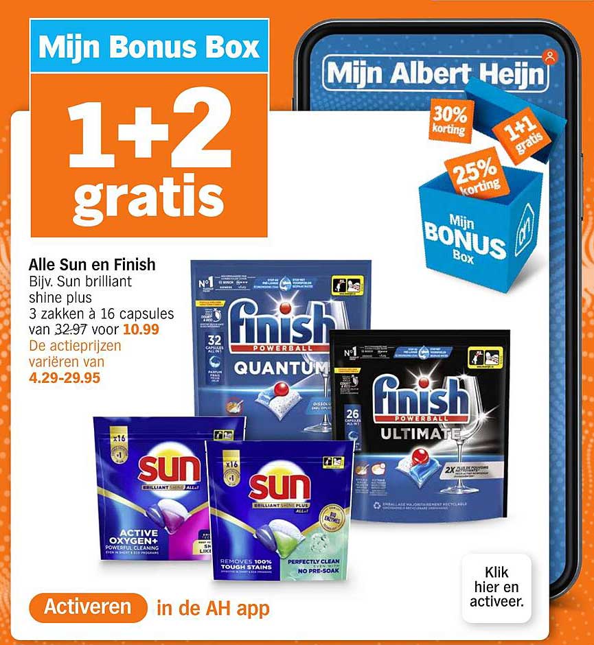 Alle Sun en Finish Bijv. Sun brilliant shine plus 3 zakken à 16 capsules van 32.97 voor 10.99