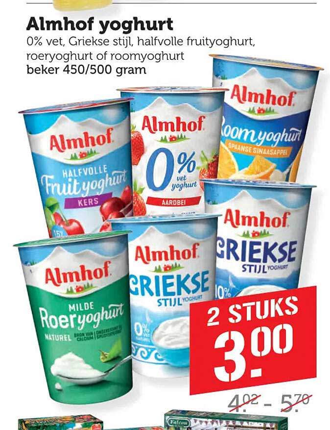 Almhof yoghurt 0% vet, Griekse stijl, halfvolle fruityoghurt, roeryoghurt of roomyoghurt beker 450/500 gram