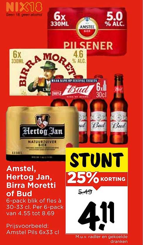 Amstel, Hertog Jan, Birra Moretti of Bud 6-pack