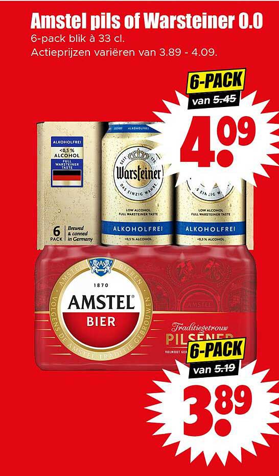 Amstel pils of Warsteiner 0.0 - 6-pack blikken à 33 cl