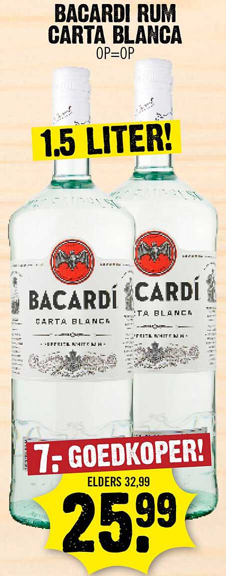 BACARDÍ RUM CARTA BLANCA 1.5 LITER! 7 EURO GOEDKOPER!