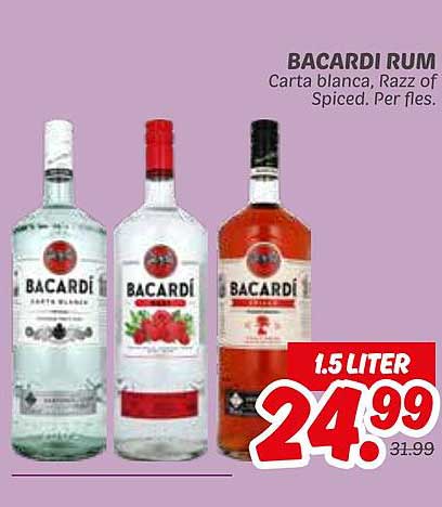 BACARDI RUM Carta blanca, Razz of Spiced. Per fles.