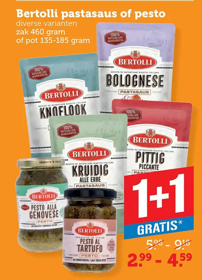 Bertolli pastasaus of pesto diverse varianten zak 460 gram of pot 135-185 gram