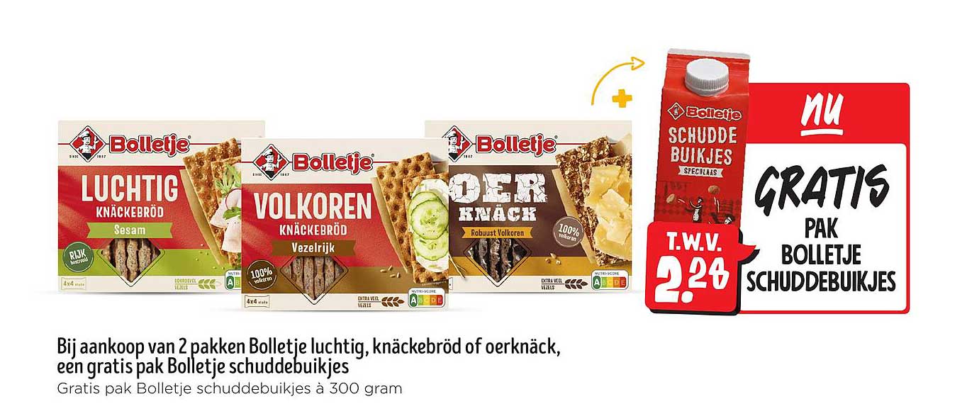 Bij aankoop van 2 pakken Bolletje luchtig, knäckebröd of oerknäck, een gratis pak Bolletje schuddebuitjes