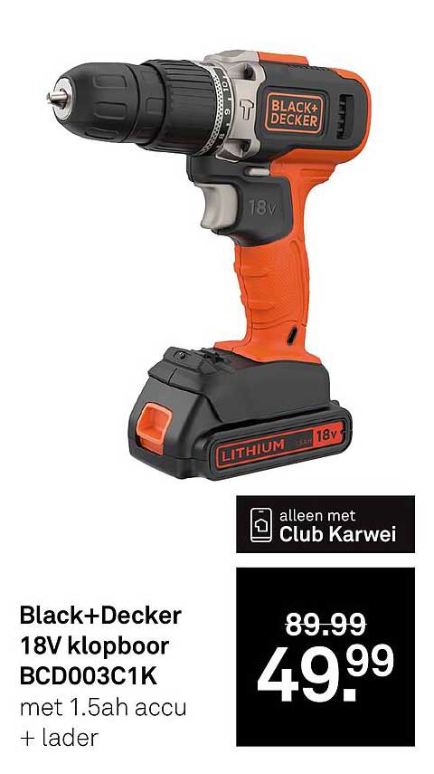 Black+Decker 18V klopboor BCD003C1K met 1.5ah accu + lader
