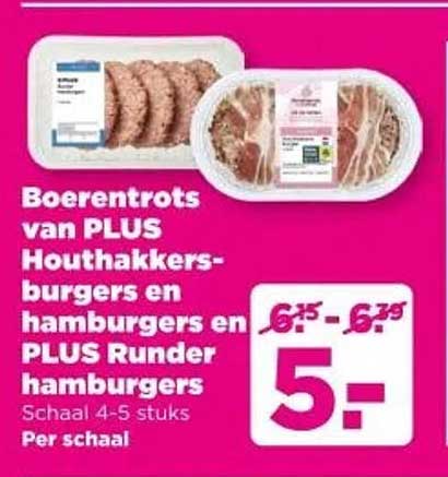 Boerentrots van PLUS Houthakkers-burgers en hamburgers en PLUS Runder hamburgers