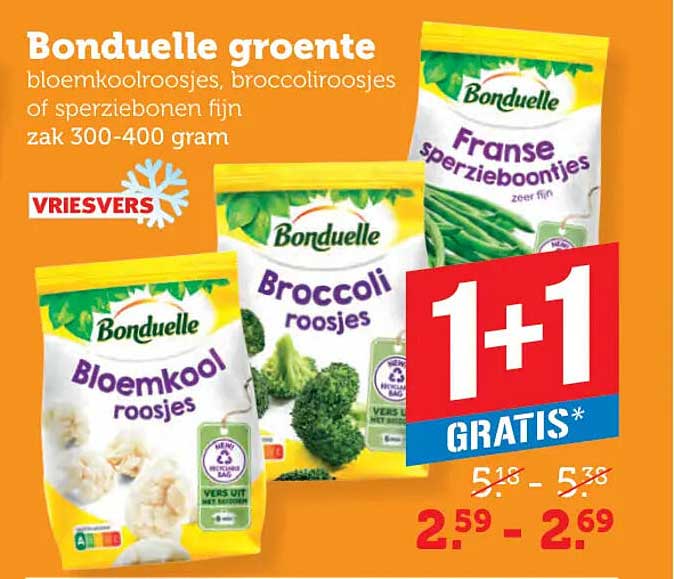Bonduelle groente bloembolroosjes, broccoliroosjes of sperziebonen fijn zak 300-400 gram