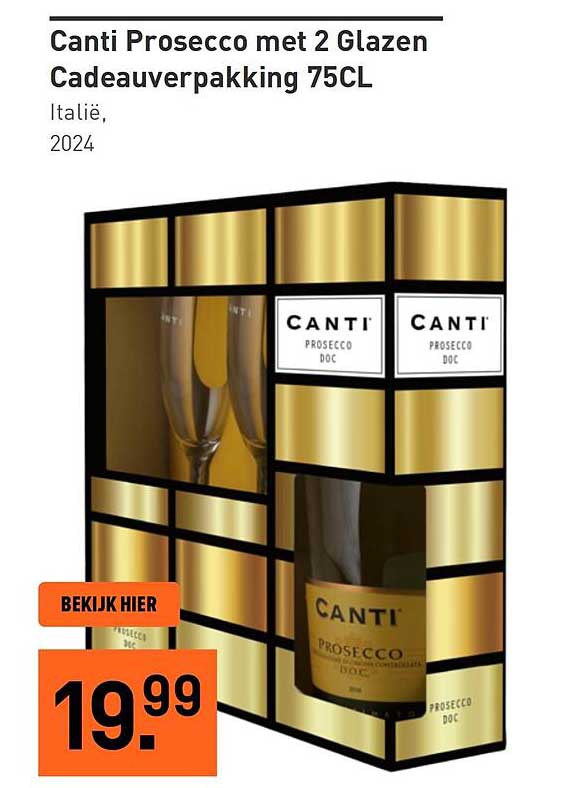 Canti Prosecco met 2 Glazen Cadeauverpakking 75CL
