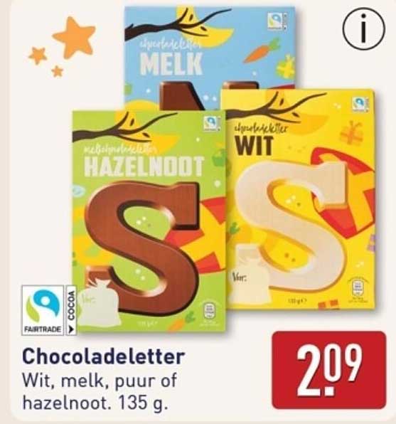 Chocoladeletter Wit, melk, puur of hazelnoot 135 g.