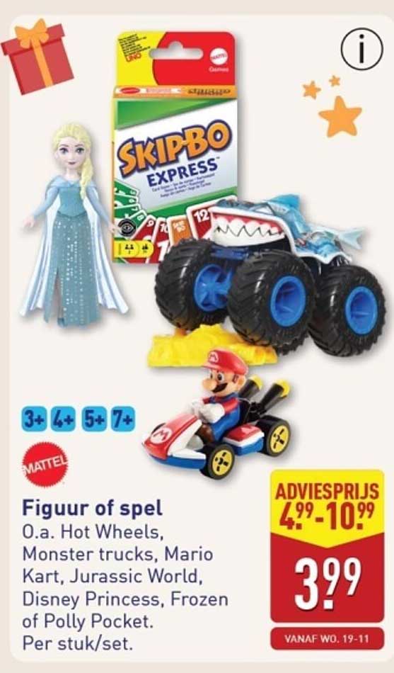 Figuur of spel, o.a. Hot Wheels, Monster trucks, Mario Kart, Jurassic World, Disney Princess, Frozen of Polly Pocket.
