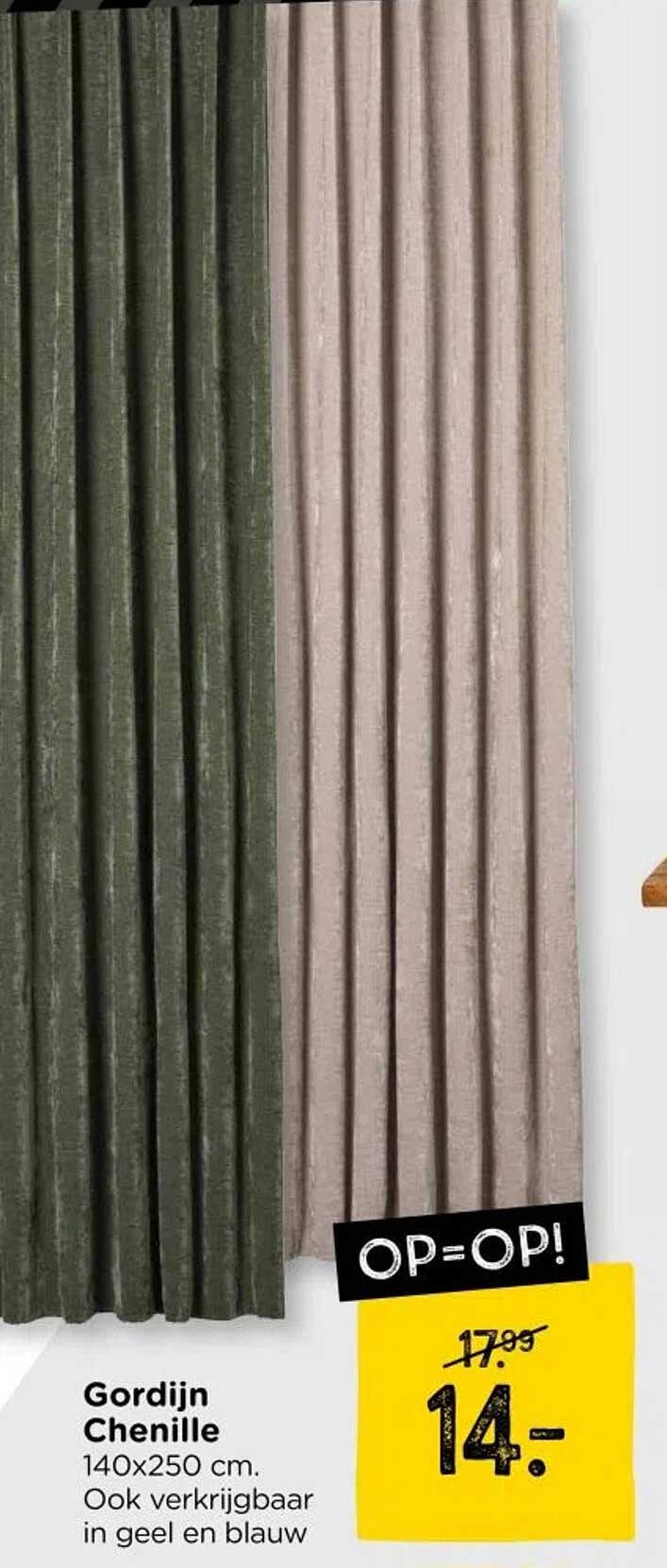 Gordijn Chenille 140x250 cm. Ook verkrijgbaar in geel en blauw