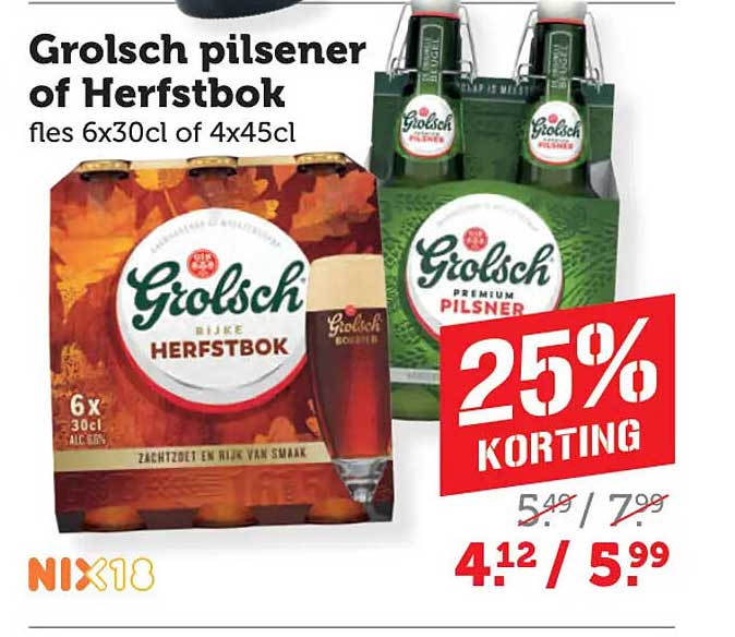 Grolsch pilsener of Herfstbok fles 6x30cl of 4x45cl
