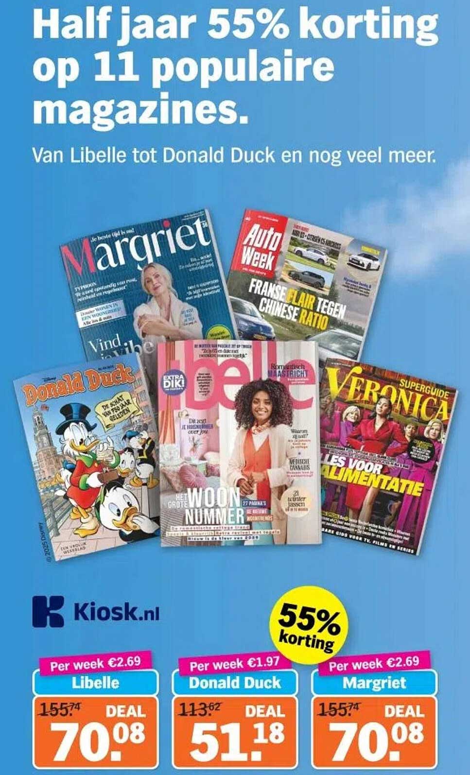 Half jaar 55% korting op 11 populaire magazines.