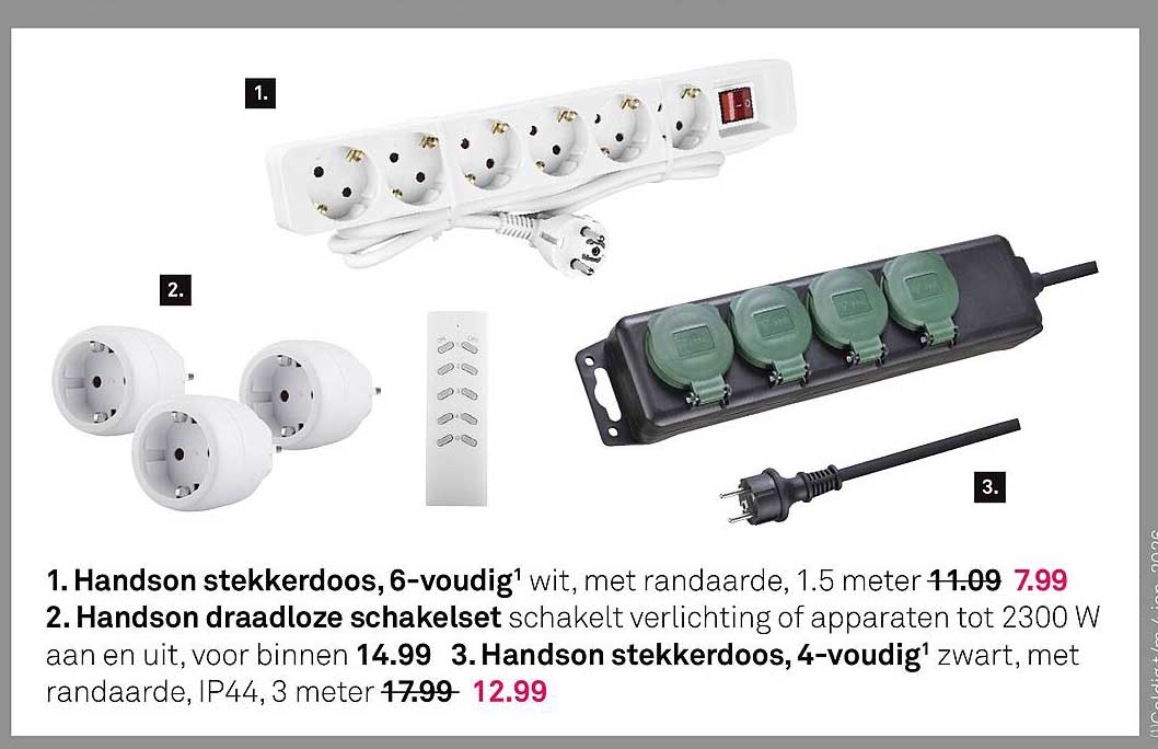 Handson stekkerdoos, 6-voudig wit, met randaarde, 1.5 meter