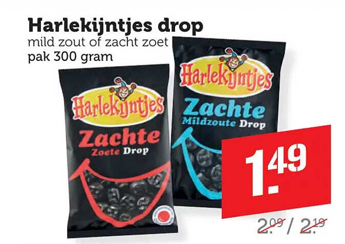 Harlekijntjes drop mild zout of zacht zoet pak 300 gram