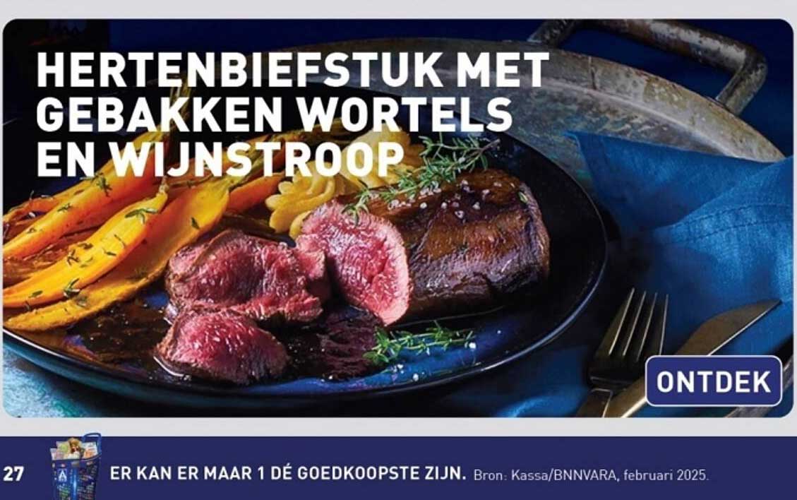 Hertenbiefstuk met gebakken wortels en wijnstroop