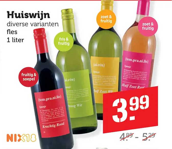 Huiswijn diverse varianten fles 1 liter