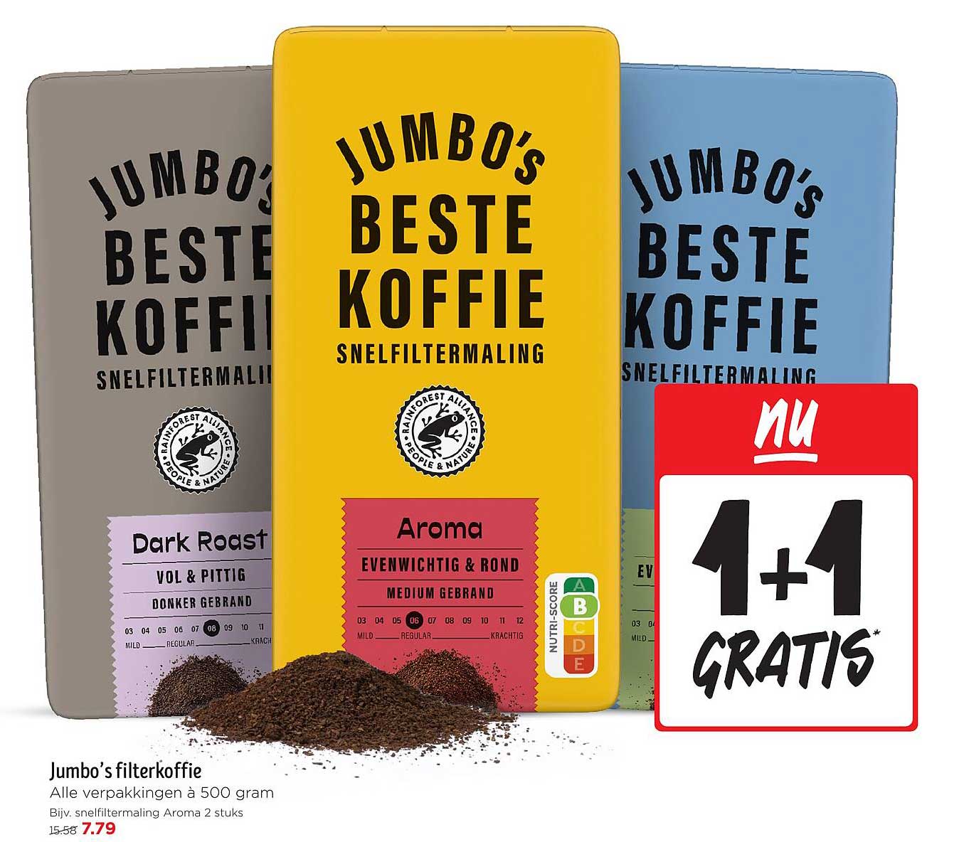 Jumbo's filterkoffie 500 gram - Nu 1+1 Gratis!