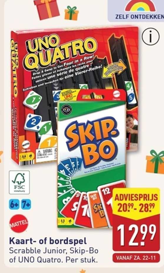 Kaart- of bordspel: Scrabble Junior, Skip-Bo of UNO Quatro. Per stuk.