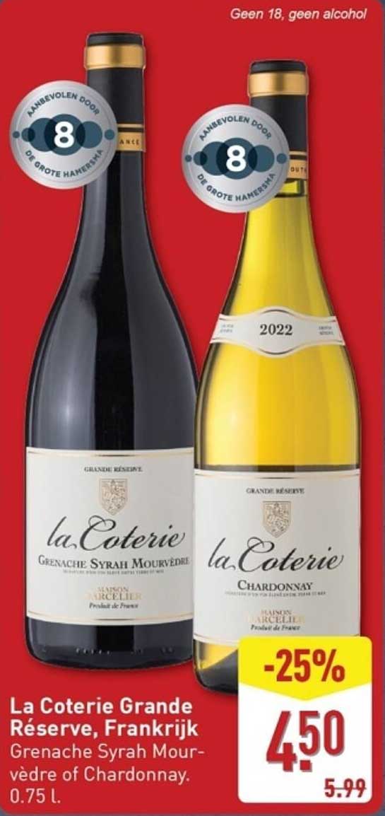 La Coterie Grande Réserve, Frankrijk - Grenache Syrah Mourvèdre van Chardonnay. 0.75 l.