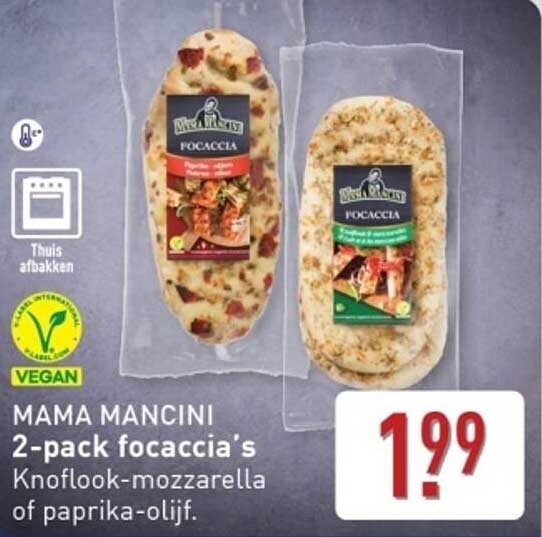 MAMA MANCINI 2-pack focaccia's Knoflook-mozzarella of paprika-olijf.