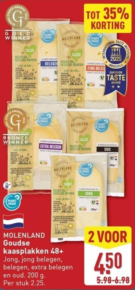 MOLENLAND Goudse kaasplakken 48+ Jong, jong belegen, belegen, extra belegen en oud. 200 g.