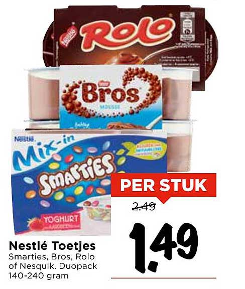 Nestlé Toetjes - Smarties, Bros, Rolo of Nesquik. Duopack 140-240 gram