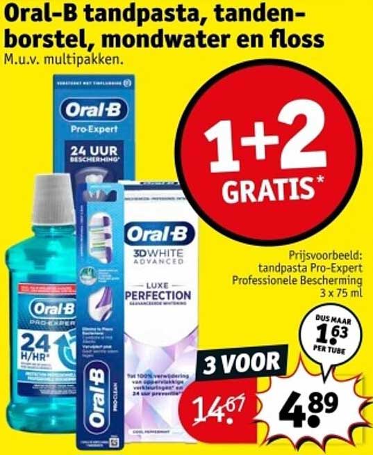 Oral-B tandpasta, tandenborstel, mondwater en floss M.u.v. multipakken.