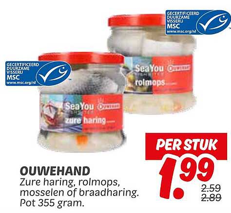 Ouwehand Zure Haring, Rolmops, Mosselen of Braadharing. Pot 355 gram.