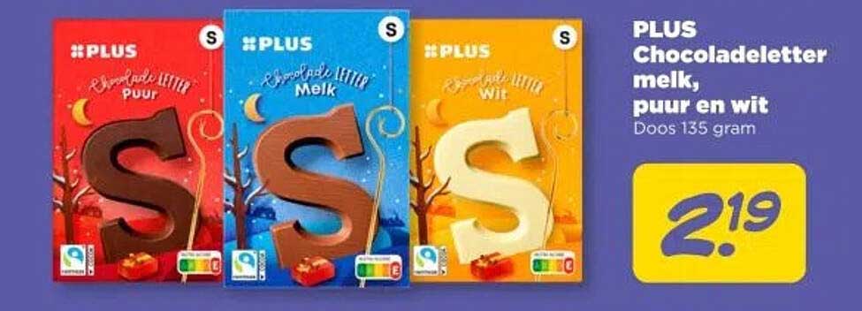 PLUS Chocoladeletter melk, puur en wit