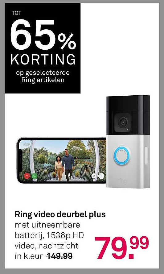 Ring video deurbel plus met uitneembare batterij, 1536p HD video, nachtzicht in kleur